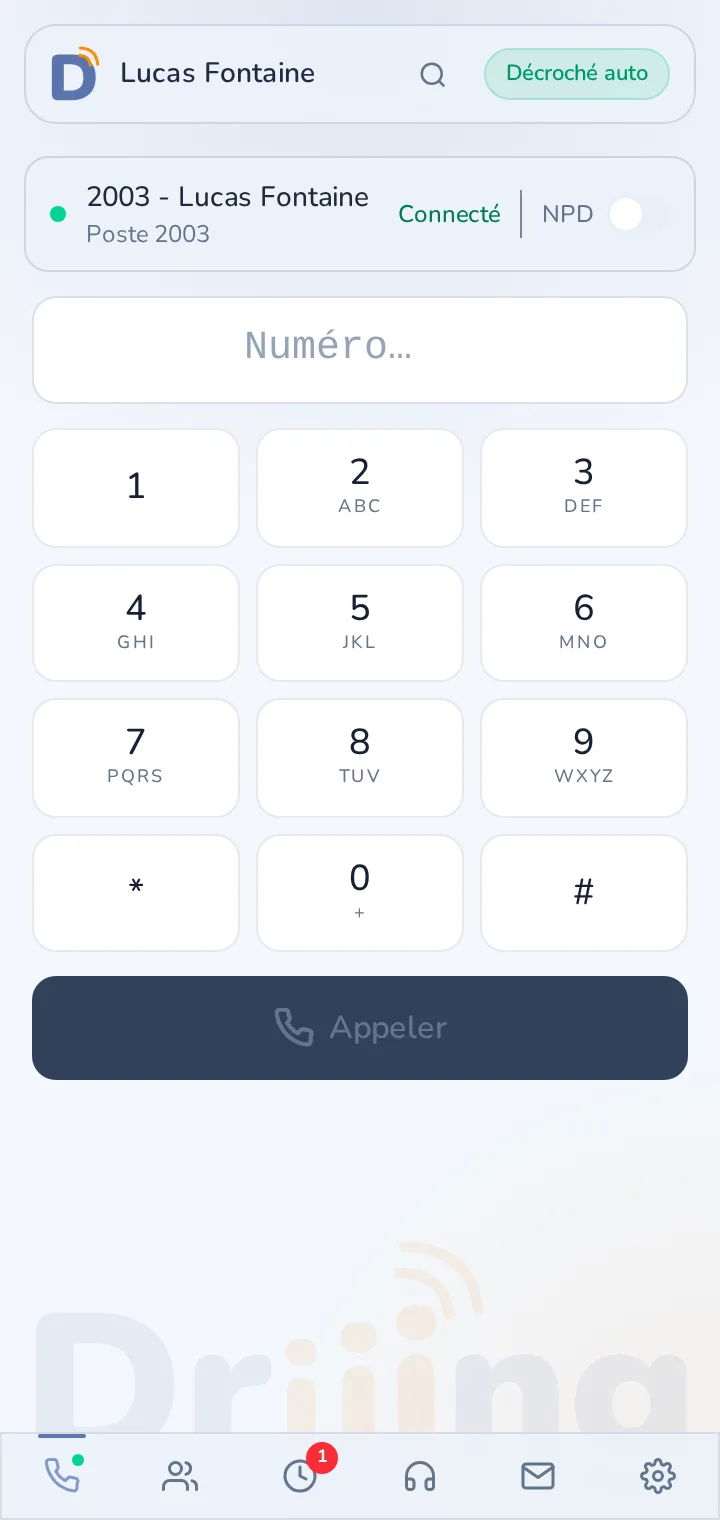 Onglet Appels de Driiing : ligne, Ne pas déranger et clavier