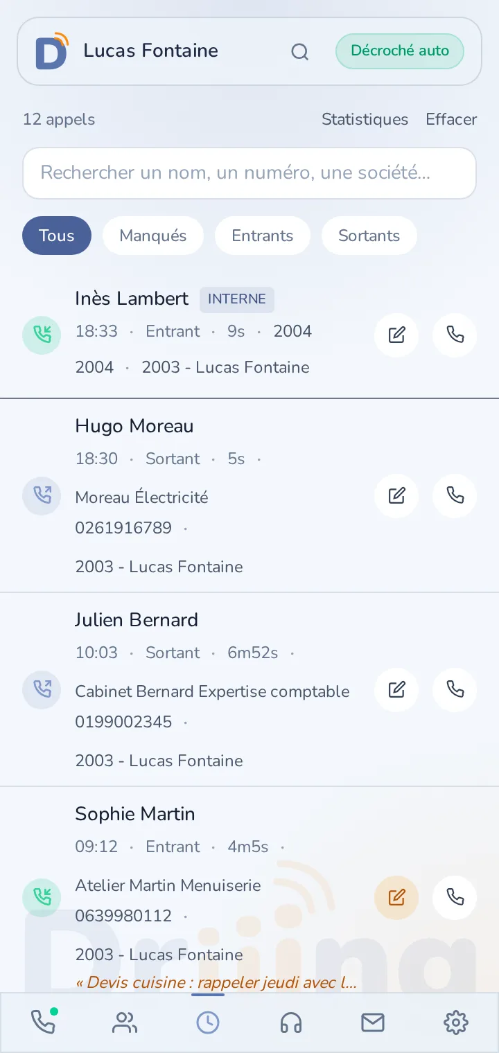 Journal d'appels de Driiing