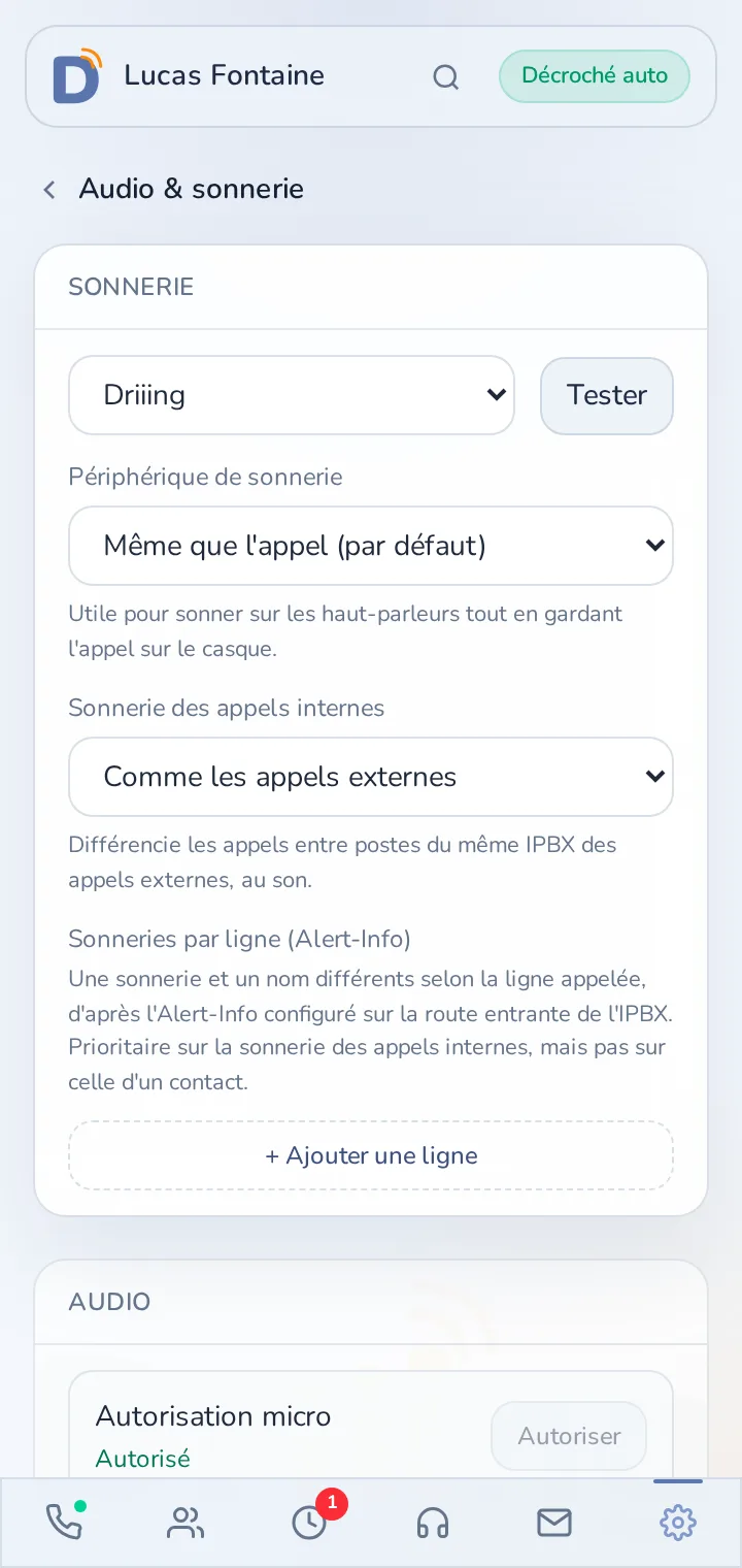 Réglages audio et sonnerie
